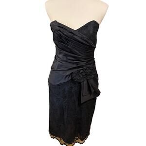 Vintage 80s Scott McClintock Strapless Lace Black Cocktail Dress Rosette Size XS
